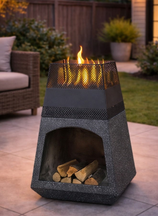 كادي ون موقد نار خارجي من المعدن والحجر الصناعي للحديقة والفناء، حفرة نار بتصميم معدني مقاوم للحرارة العالية، مدفأة حطب متعددة الاستخدامات بقاعدة ثابتة، موقد تدفئة وديكور مثالي للجلسات الخارجية - Image 1